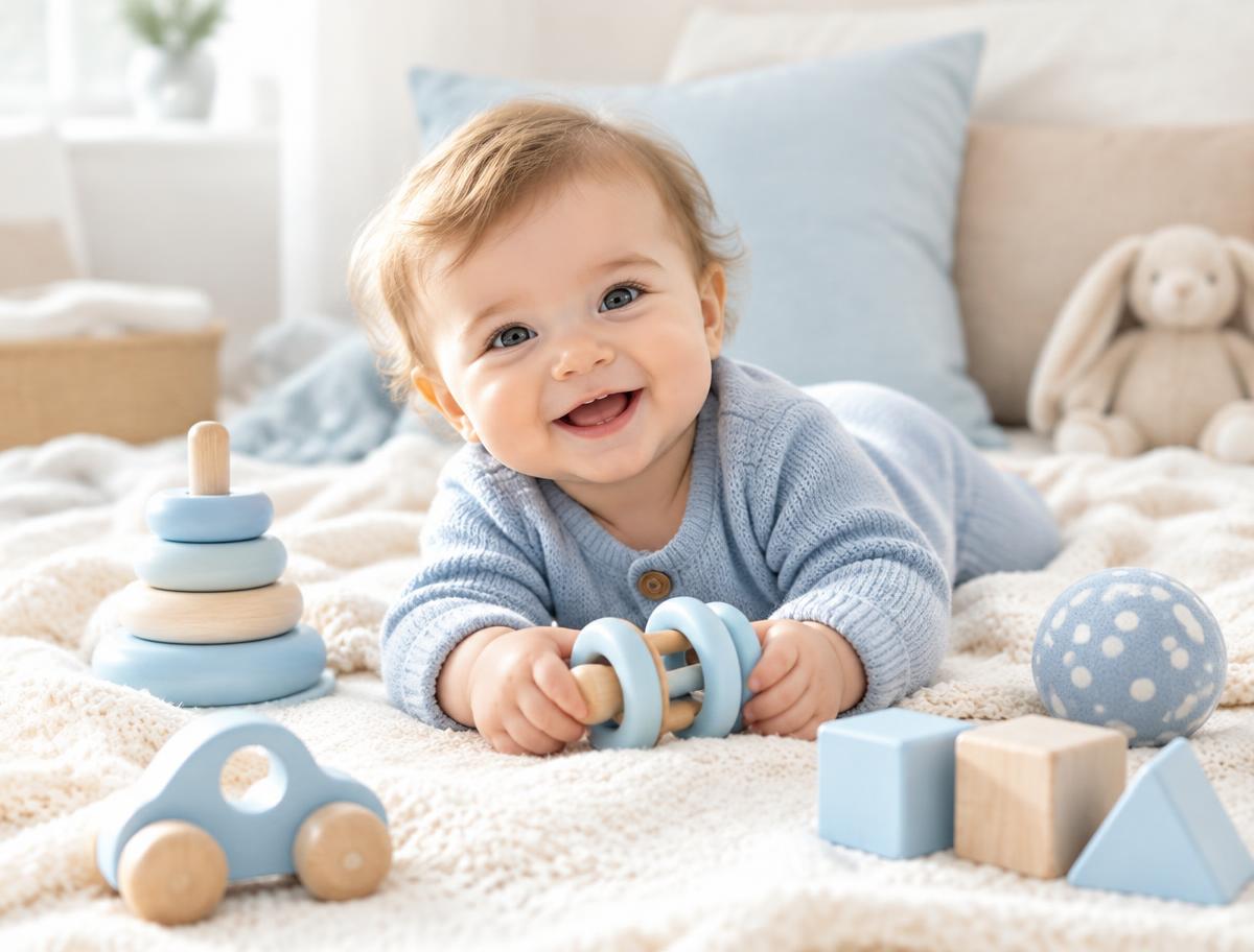 Un bébé souriant qui joue avec des jouets doux